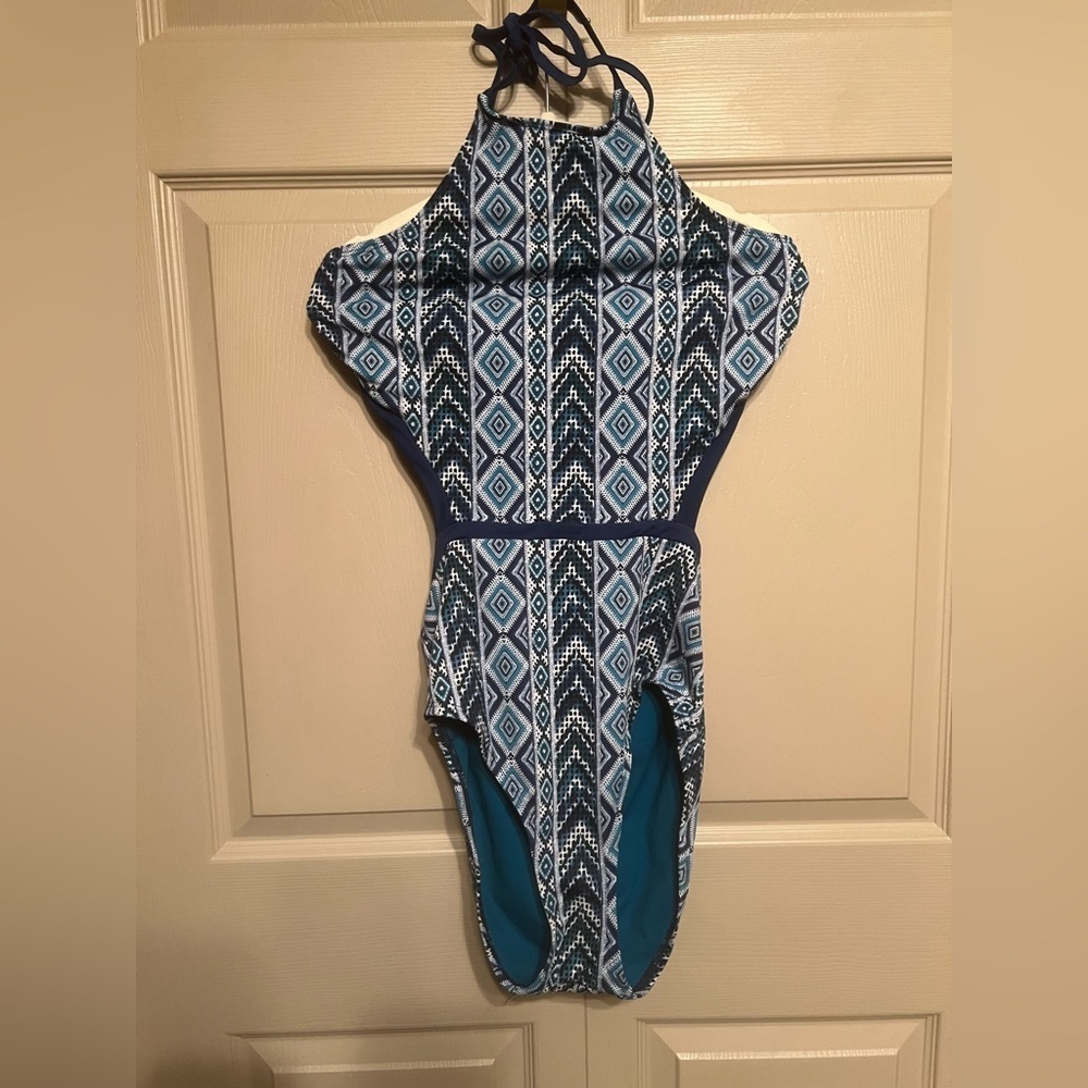 Time and Tru Teal and Navy Geometric Swimsuit